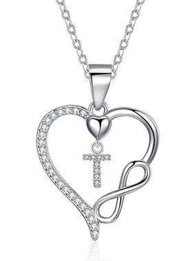 Letter T Dainty 925 Sterling Silver Infinity Heart Initial Necklace